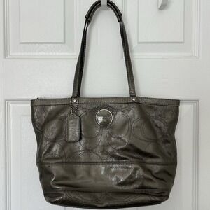 Coach Stitched Signature Stripe Gray Green Metallic Patent Leather Tote Bag